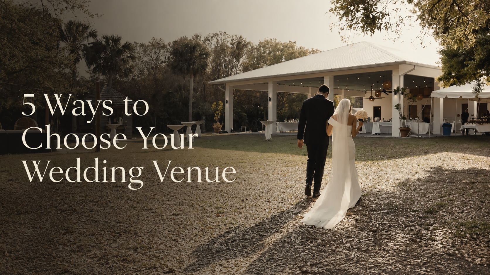 Bride and groom walking toward their Vero Beach wedding venue with venue guide title