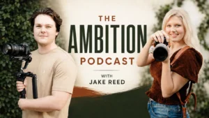 Jake and Emma Reed with cameras for The Ambition Podcast